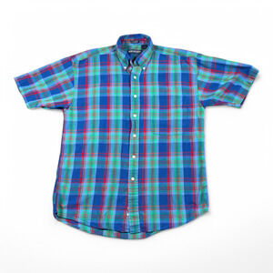 Vintage Van Heusen Shirt Adult MEDIUM Blue Green Plaid Madras Preppy Casual 90s